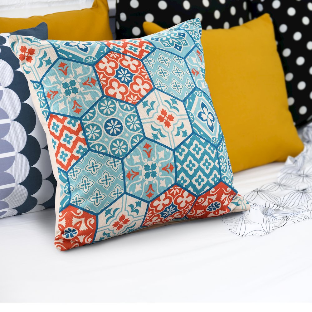 Mosaic Performance Poly Filled Pillow in Blue/Orange, 20" x 20"