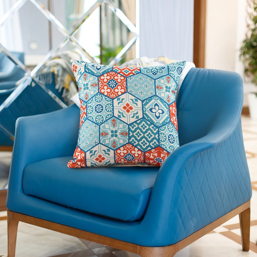 Mosaic Performance Poly Filled Pillow in Blue/Orange, 20" x 20"