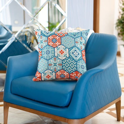 Mosaic Performance Poly Filled Pillow in Blue/Orange, 20" x 20"