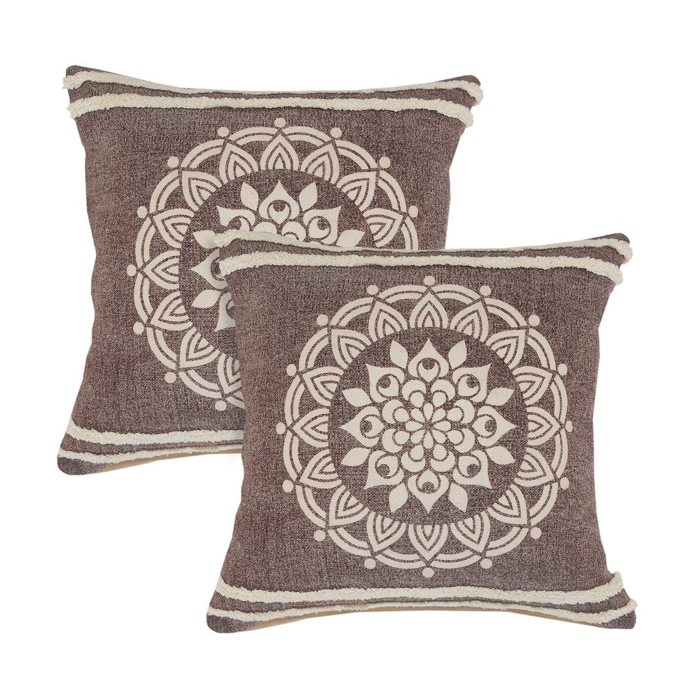 Mandala Cotton Pillow Set of 2 in Brown/White, 20" x 20"