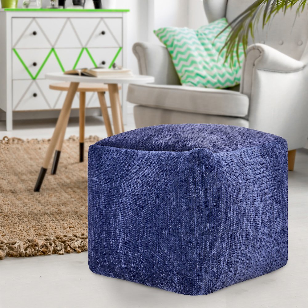 Yakar Chenille Indoor Pouf in Blue, 18" x 18" x 18"