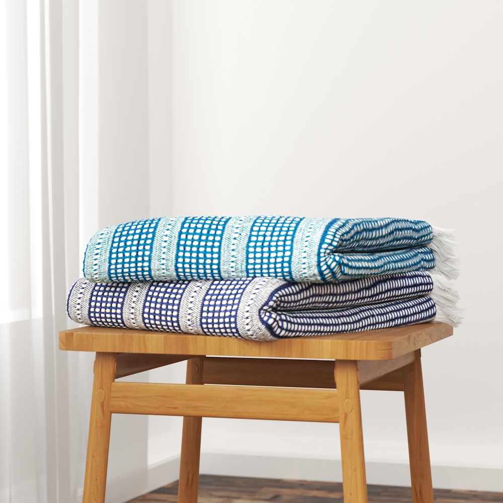 Ridgeline Striped Hand-Woven All-Natural Cotton Throw Blanket, Light Blue