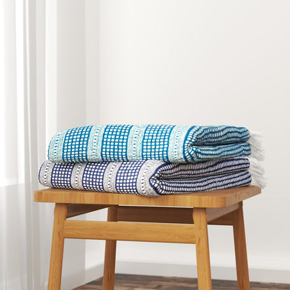 Ridgeline Striped Hand-Woven All-Natural Cotton Throw Blanket, Light Blue