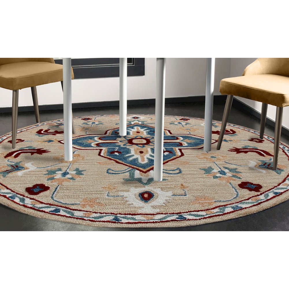 RugsA Beige/Blue Medallion Wool Round Rug