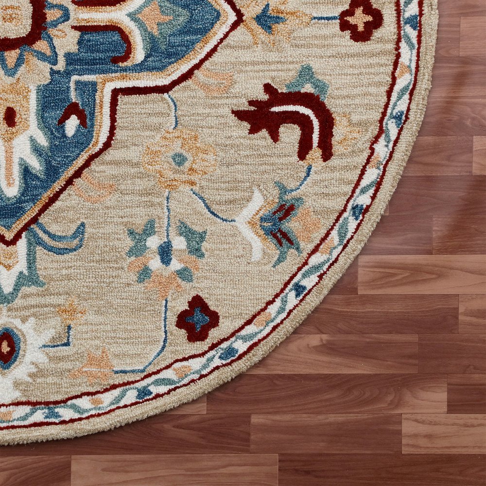 RugsA Beige/Blue Medallion Wool Round Rug