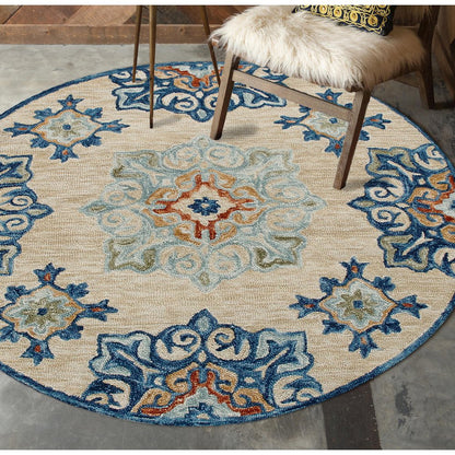 RugsA Beige/Blue Medallion Wool Round Rug