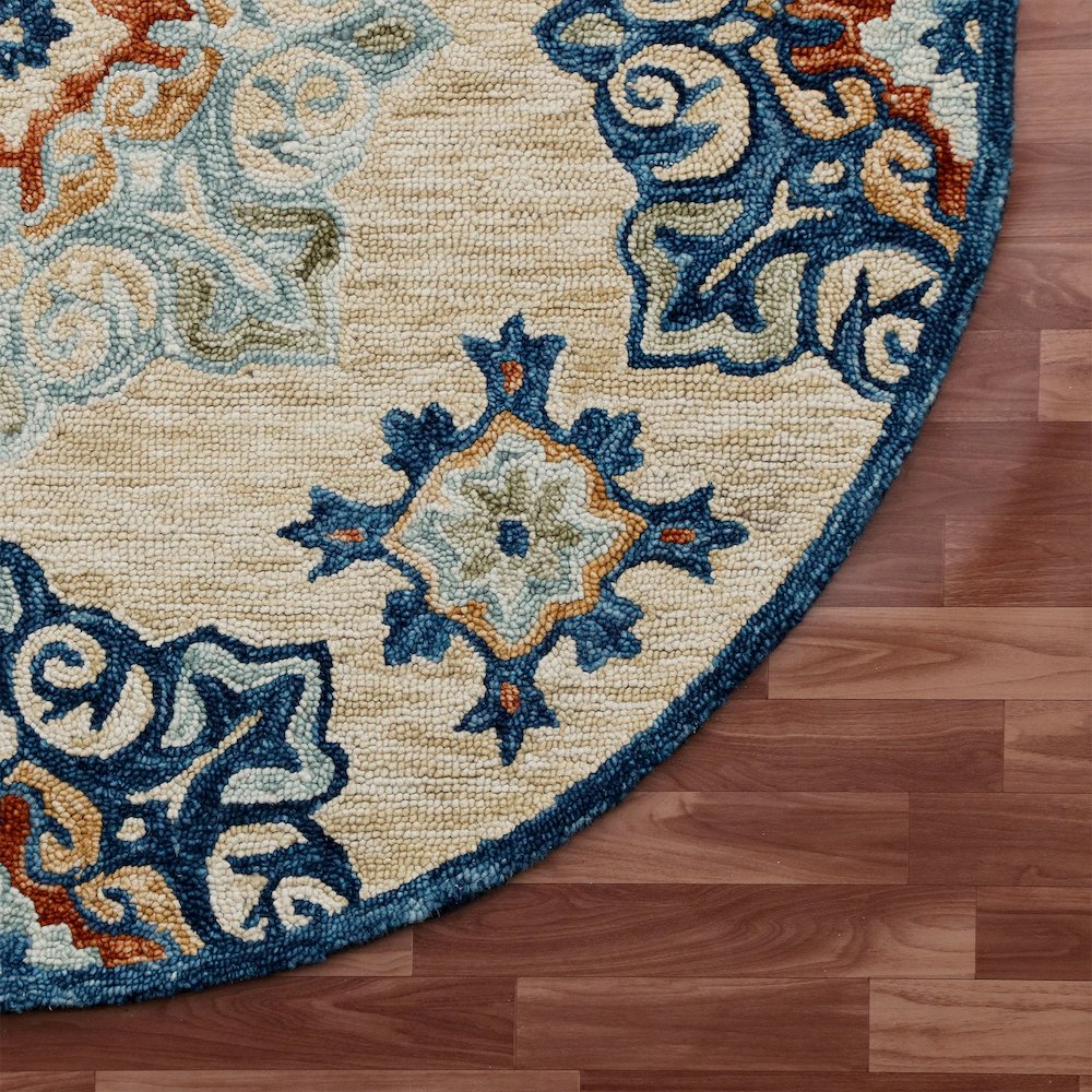 RugsA Beige/Blue Medallion Wool Round Rug