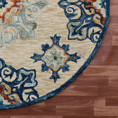 RugsA Beige/Blue Medallion Wool Round Rug