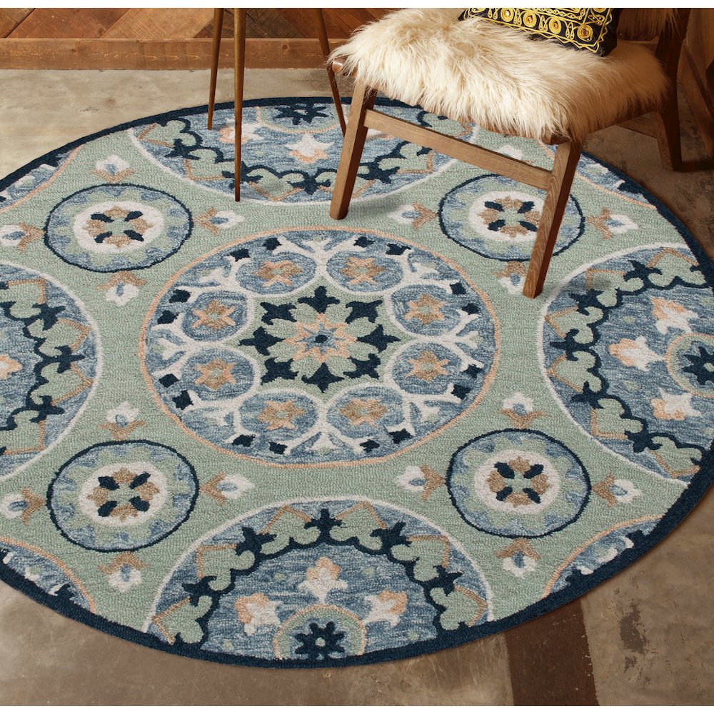RugsA Sage/Blue Suzani Wool Round Rug