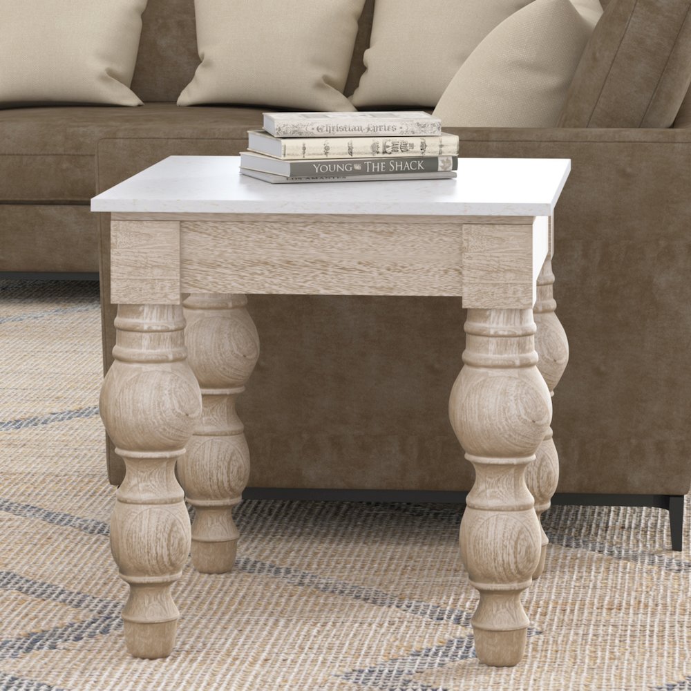 White Washed Classic Traditional Mango Wood/Marble Indoor Square Side Table
