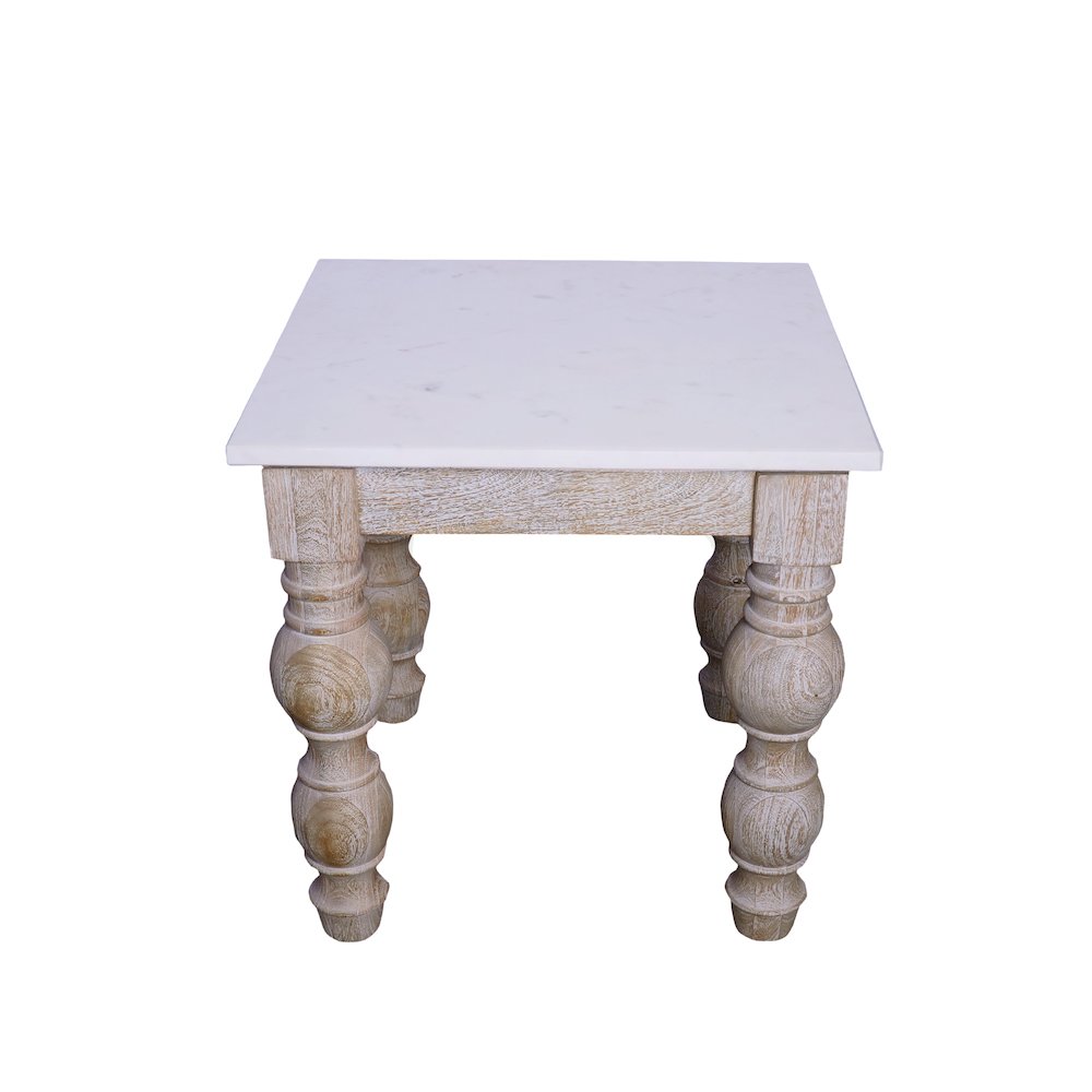 White Washed Classic Traditional Mango Wood/Marble Indoor Square Side Table