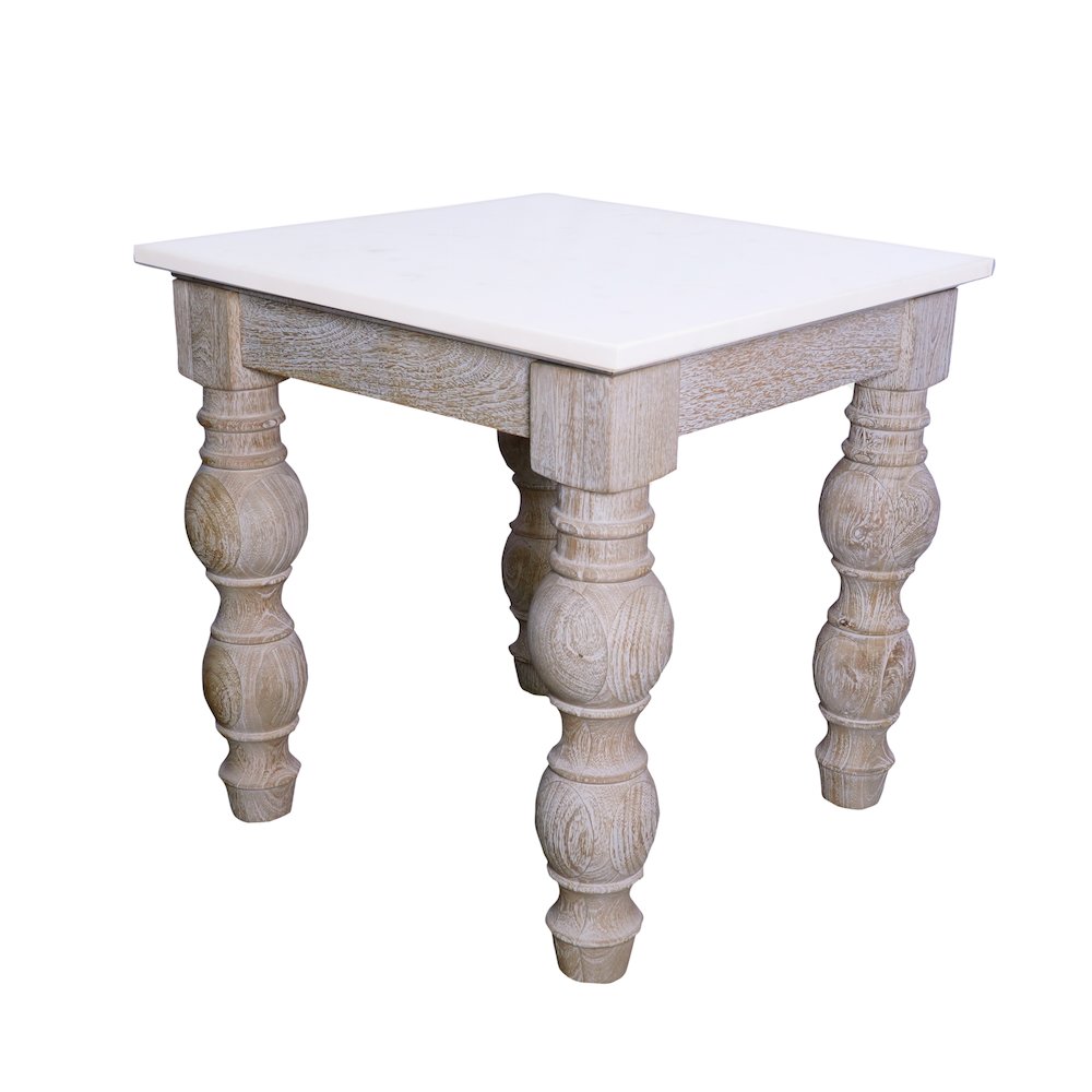 White Washed Classic Traditional Mango Wood/Marble Indoor Square Side Table