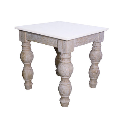 White Washed Classic Traditional Mango Wood/Marble Indoor Square Side Table