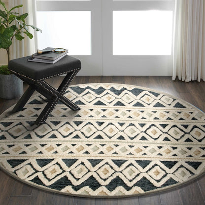 Tufted Geometric Diamonds and Stripes Round Rug