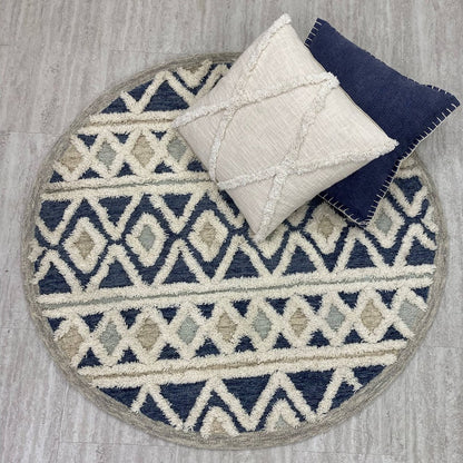 Tufted Geometric Diamonds and Stripes Round Rug