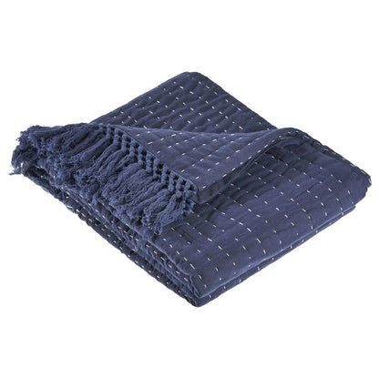 Blue Solid Hand-Woven All-Natural Cotton Throw Blanket