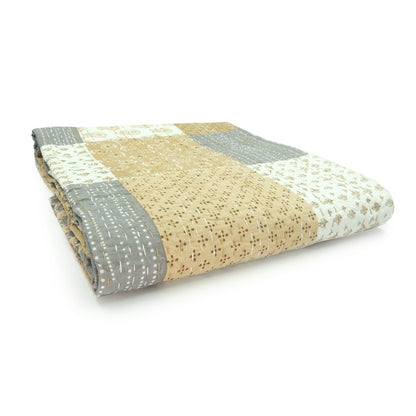 Beige Patchwork Hand-Stitched One-of-a-Kind Cotton Kantha Throw Blanket
