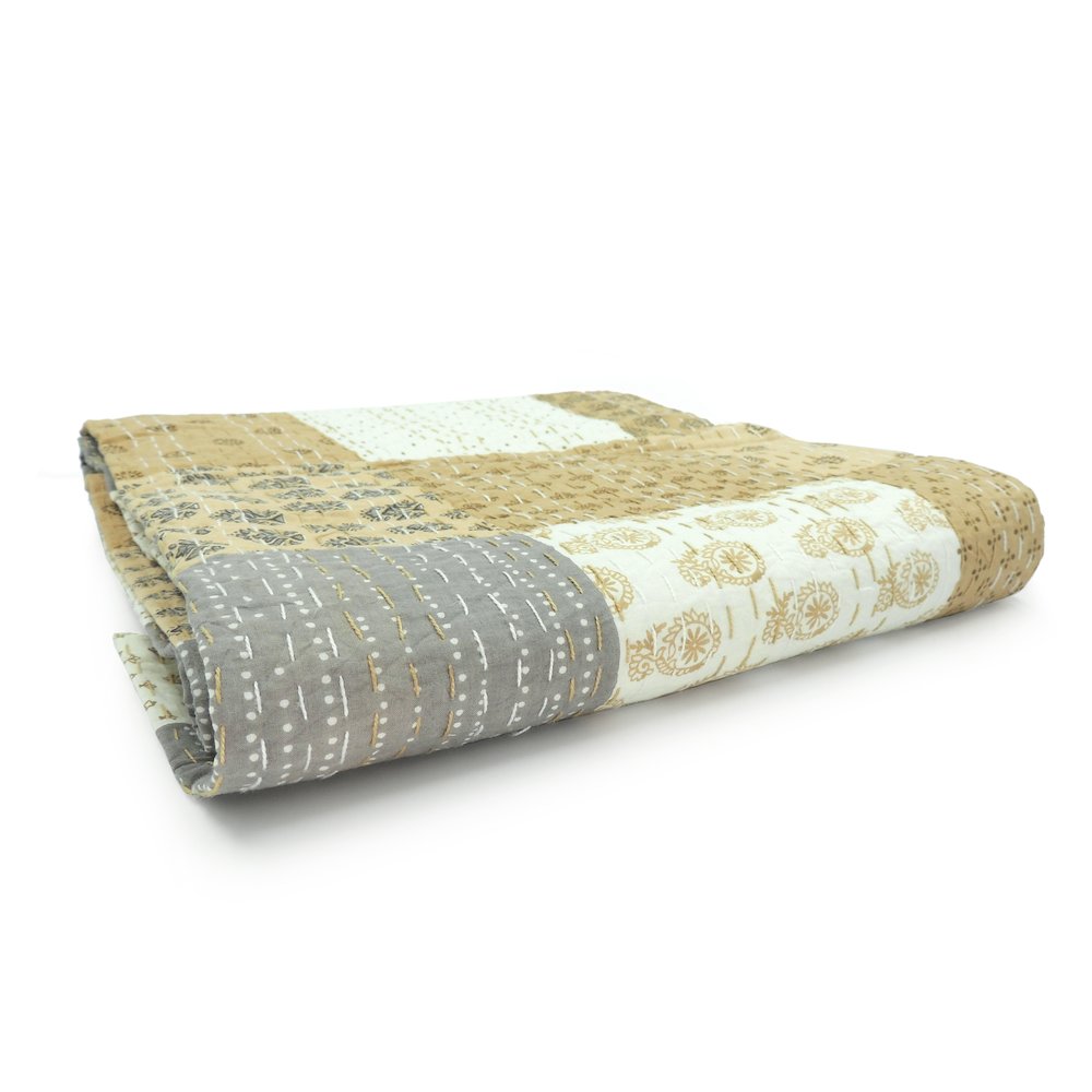 Beige Patchwork Hand-Stitched One-of-a-Kind Cotton Kantha Throw Blanket