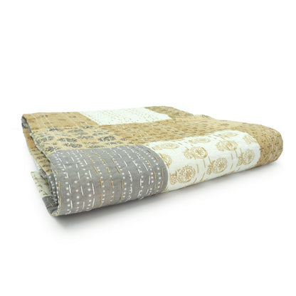 Beige Patchwork Hand-Stitched One-of-a-Kind Cotton Kantha Throw Blanket