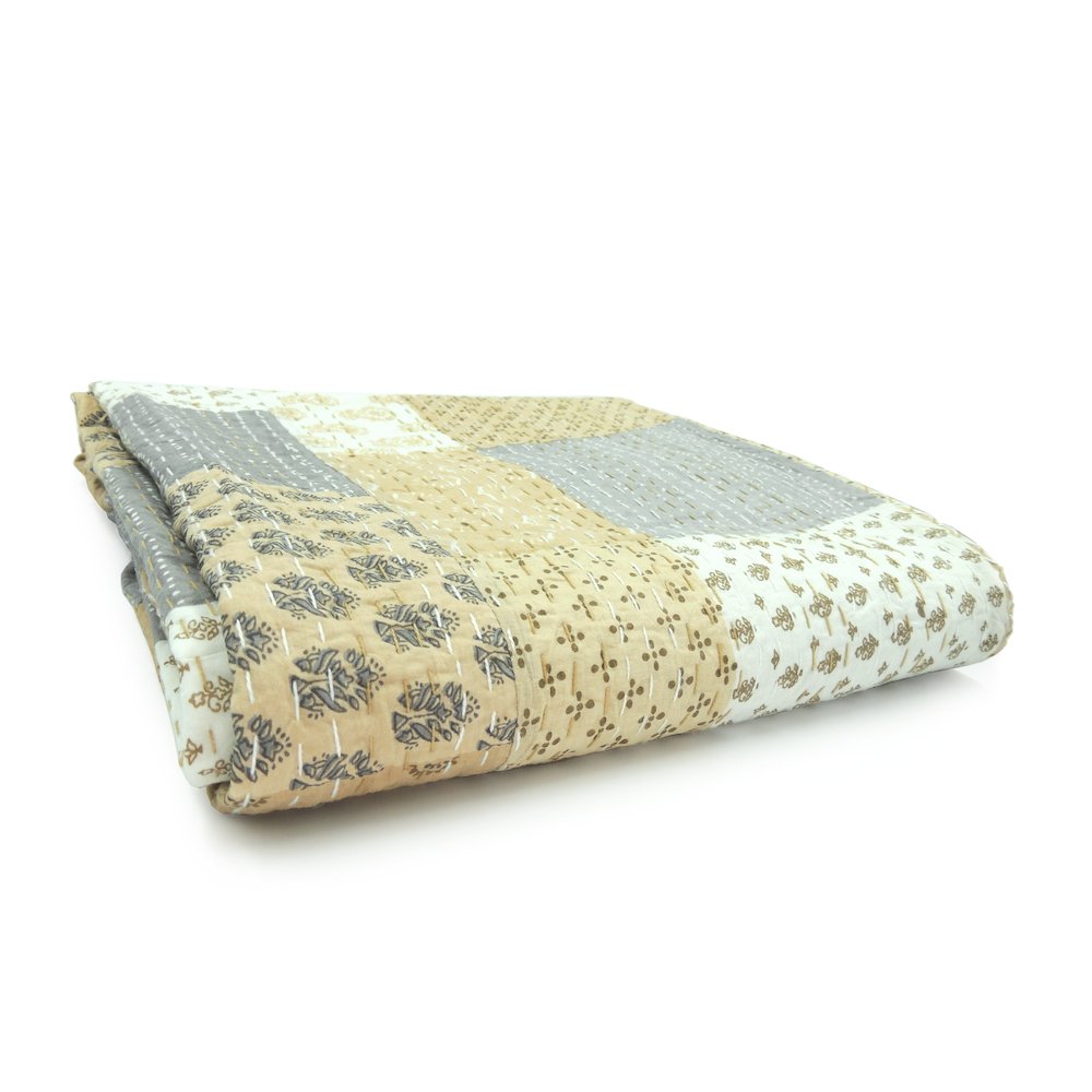 Beige Patchwork Hand-Stitched One-of-a-Kind Cotton Kantha Throw Blanket