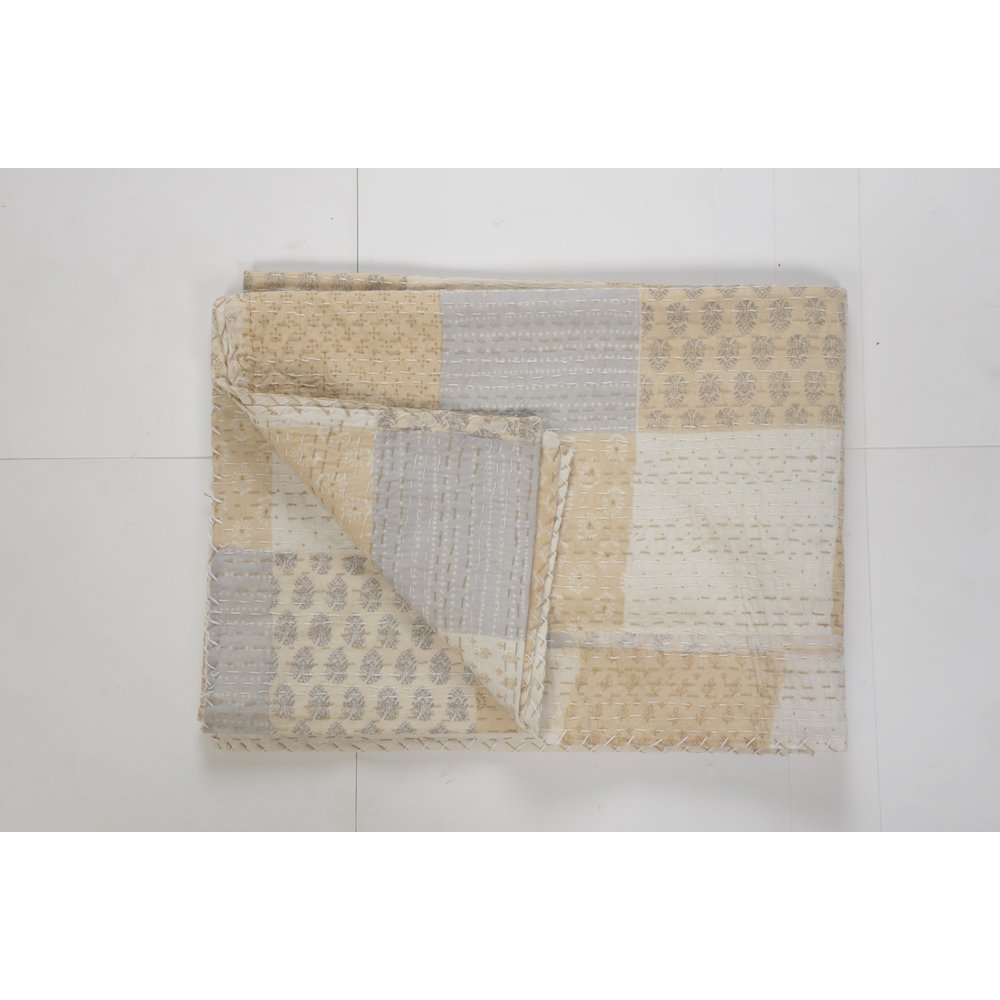 Beige Patchwork Hand-Stitched One-of-a-Kind Cotton Kantha Throw Blanket