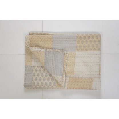Beige Patchwork Hand-Stitched One-of-a-Kind Cotton Kantha Throw Blanket