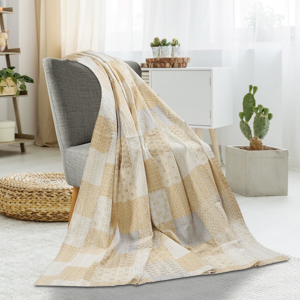 Beige Patchwork Hand-Stitched One-of-a-Kind Cotton Kantha Throw Blanket