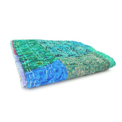 Blue Patchwork Hand-Stitched One-of-a-Kind Cotton Kantha Throw Blanket
