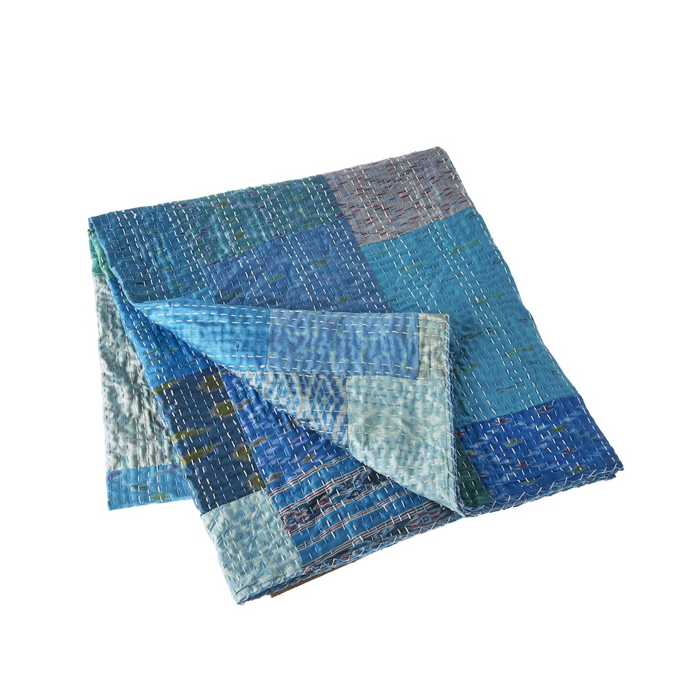 Blue Patchwork Hand-Stitched One-of-a-Kind Cotton Kantha Throw Blanket