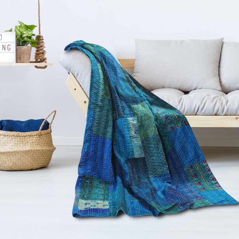 Blue Patchwork Hand-Stitched One-of-a-Kind Cotton Kantha Throw Blanket
