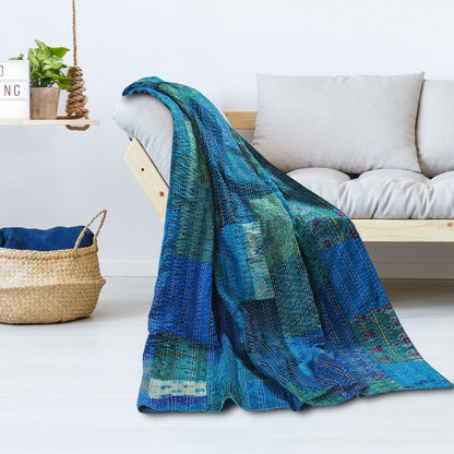 Blue Patchwork Hand-Stitched One-of-a-Kind Cotton Kantha Throw Blanket