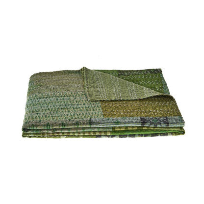 Green Patchwork Hand-Stitched One-of-a-Kind Cotton Kantha Throw Blanket