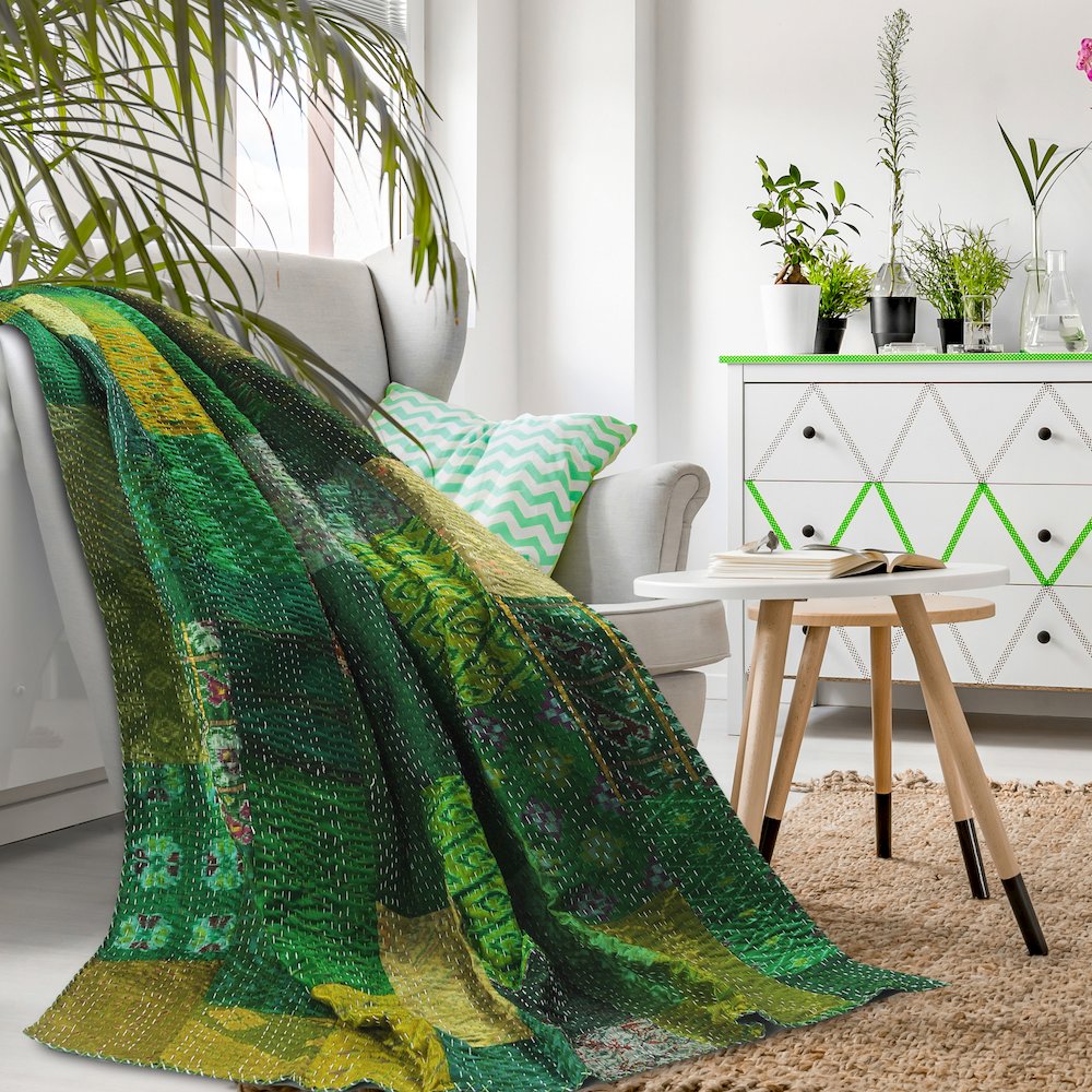 Green Patchwork Hand-Stitched One-of-a-Kind Cotton Kantha Throw Blanket