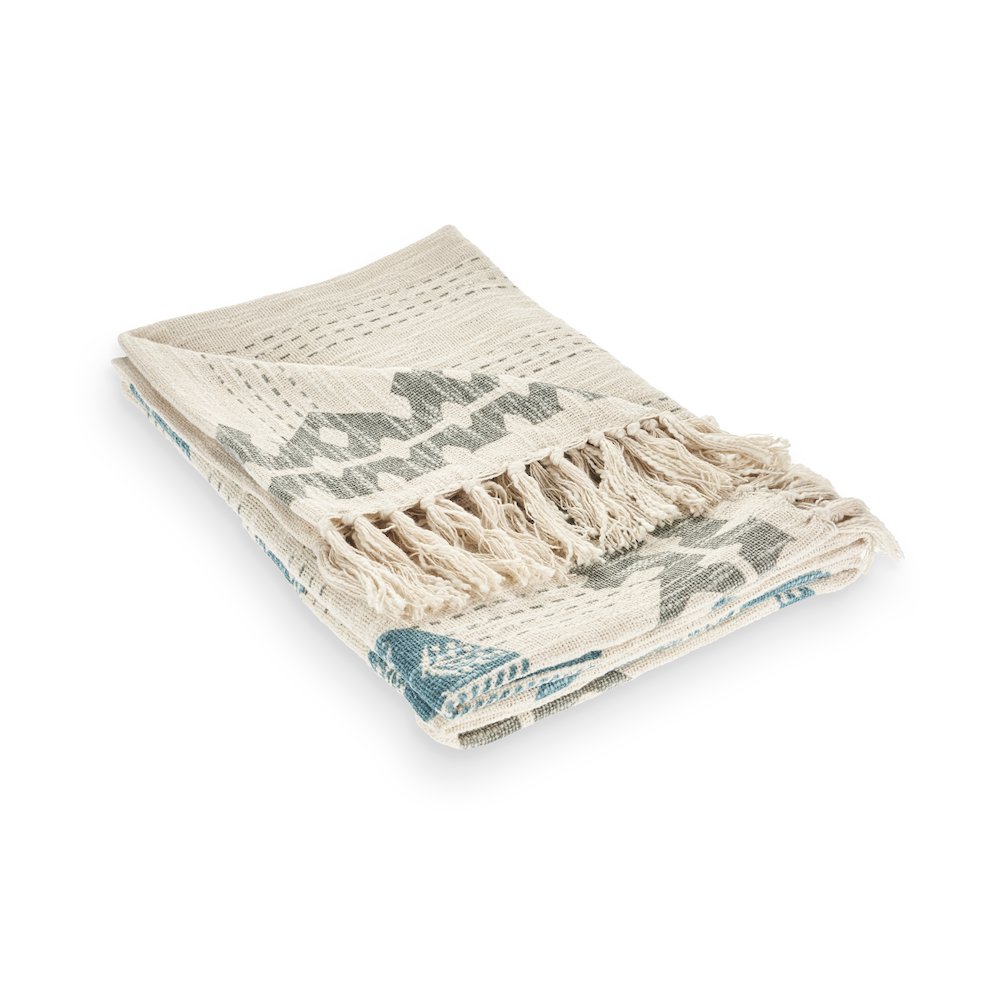 Blue/Cream Graphic Print Hand-Woven All-Natural Cotton Throw Blanket