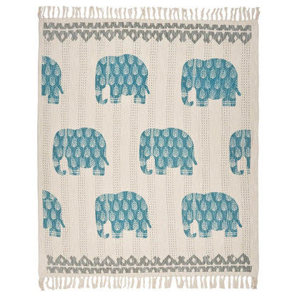 Blue/Cream Graphic Print Hand-Woven All-Natural Cotton Throw Blanket