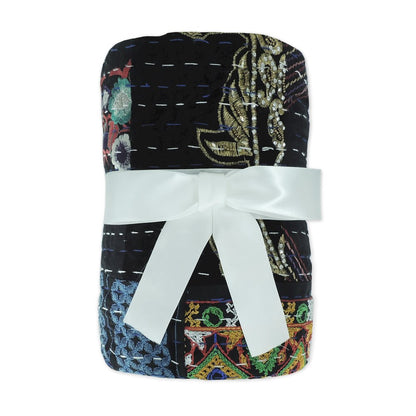 Black Patchwork Hand-Stitched One-of-a-Kind Cotton Kantha Throw Blanket