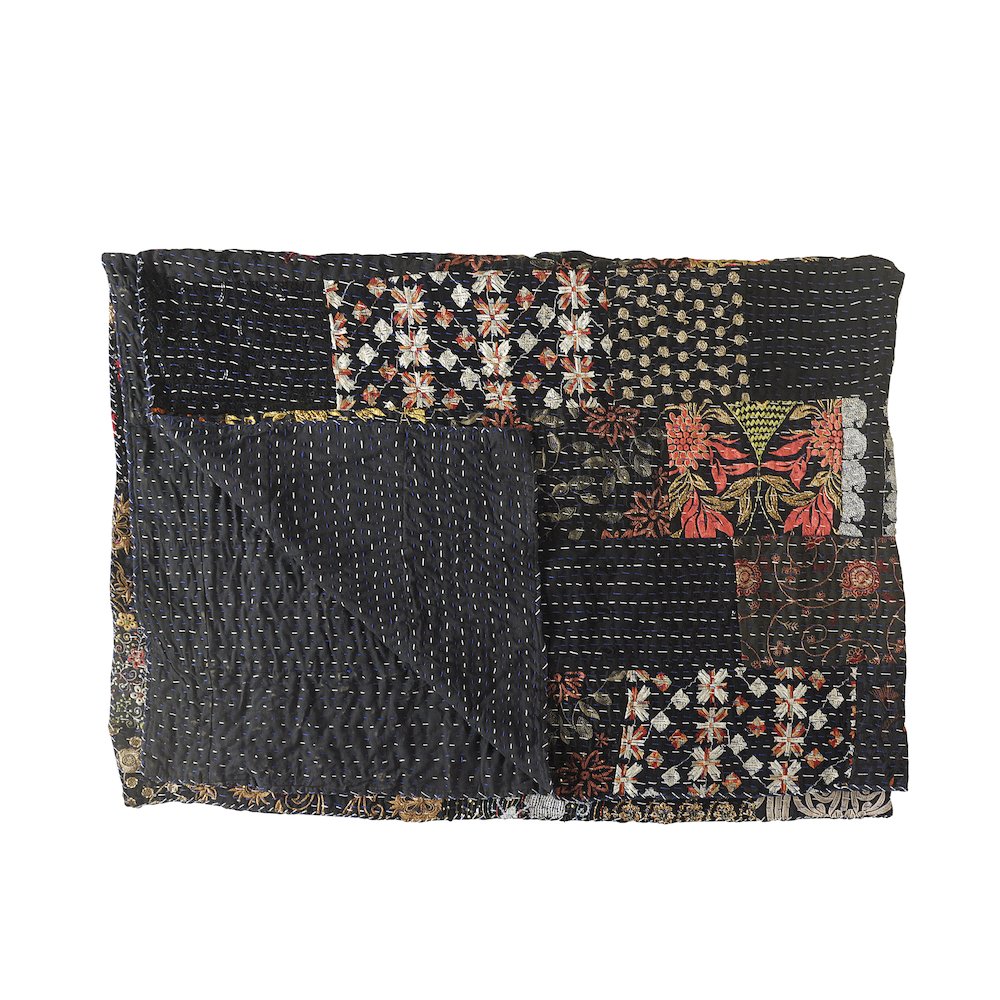 Black Patchwork Hand-Stitched One-of-a-Kind Cotton Kantha Throw Blanket