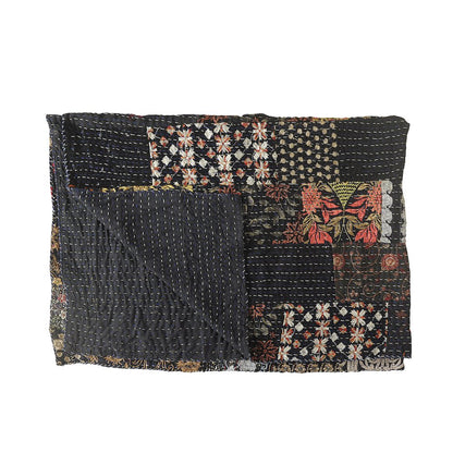 Black Patchwork Hand-Stitched One-of-a-Kind Cotton Kantha Throw Blanket