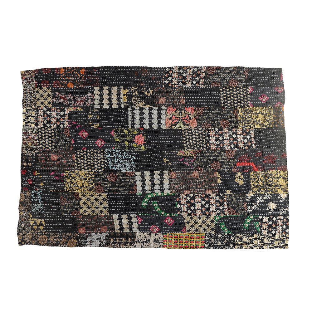 Black Patchwork Hand-Stitched One-of-a-Kind Cotton Kantha Throw Blanket