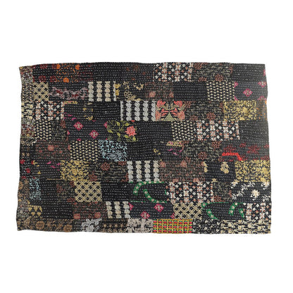 Black Patchwork Hand-Stitched One-of-a-Kind Cotton Kantha Throw Blanket