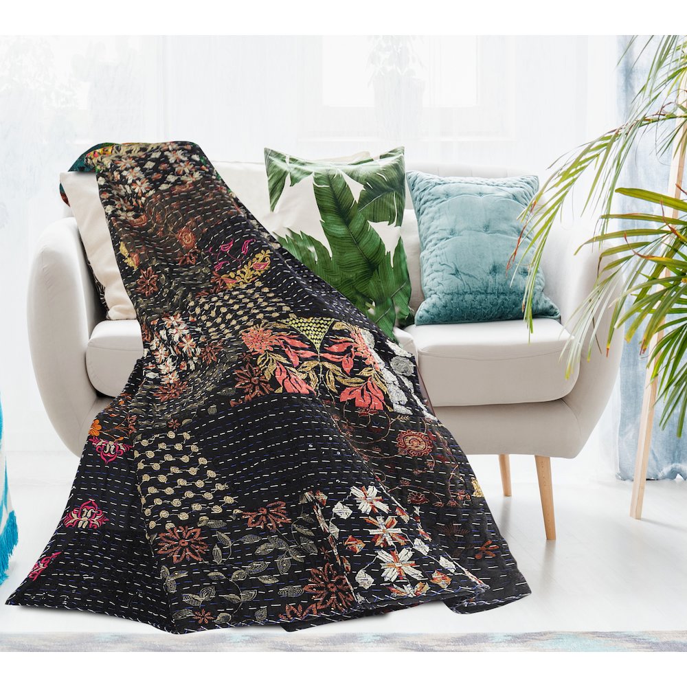 Black Patchwork Hand-Stitched One-of-a-Kind Cotton Kantha Throw Blanket