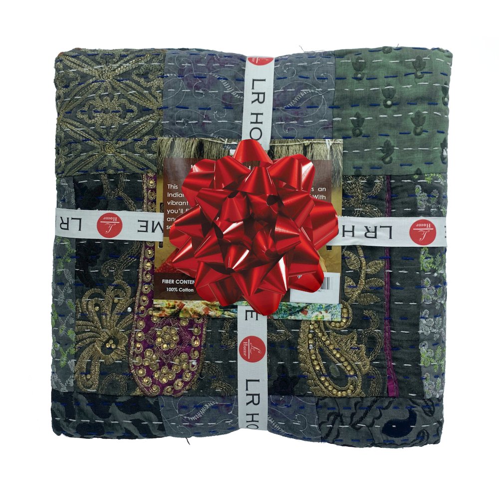 Black Patchwork Hand-Stitched One-of-a-Kind Cotton Kantha Throw Blanket