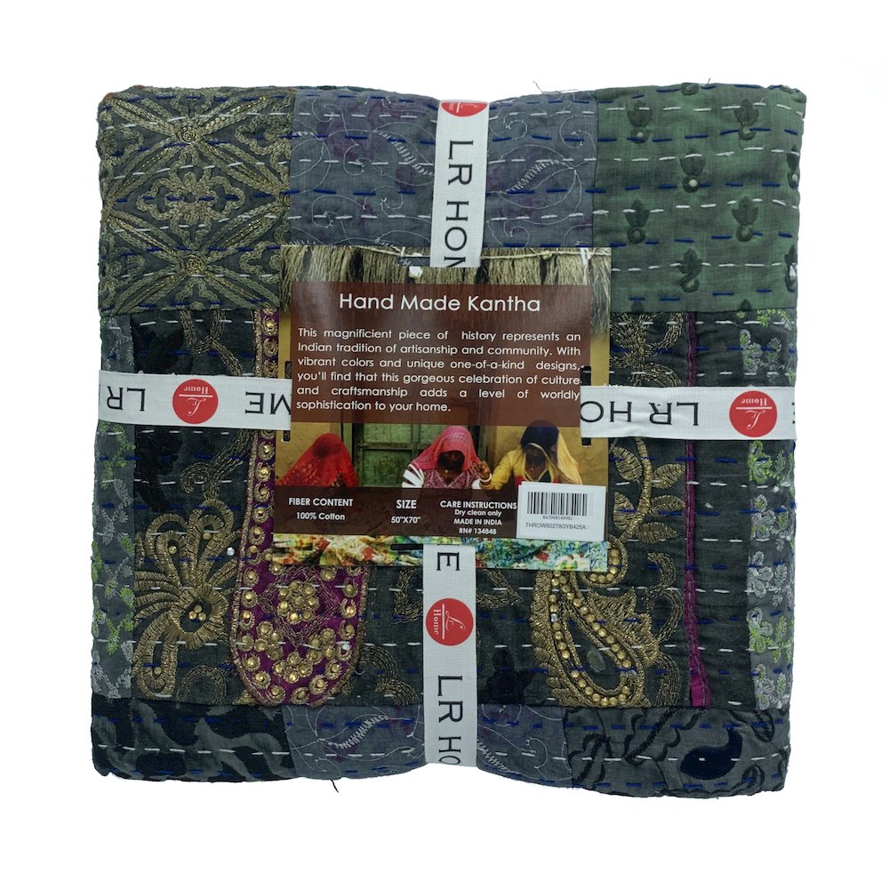 Black Patchwork Hand-Stitched One-of-a-Kind Cotton Kantha Throw Blanket