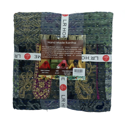 Black Patchwork Hand-Stitched One-of-a-Kind Cotton Kantha Throw Blanket