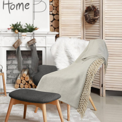 Grey/Cream Herringbone All-Natural Cotton Throw Blanket