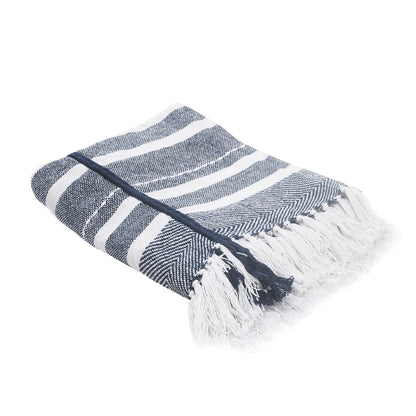 Navy/White Striped All-Natural Cotton Throw Blanket