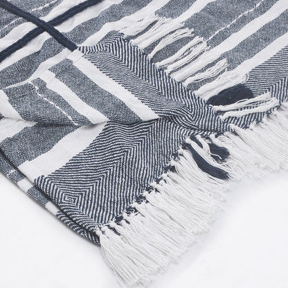 Navy/White Striped All-Natural Cotton Throw Blanket