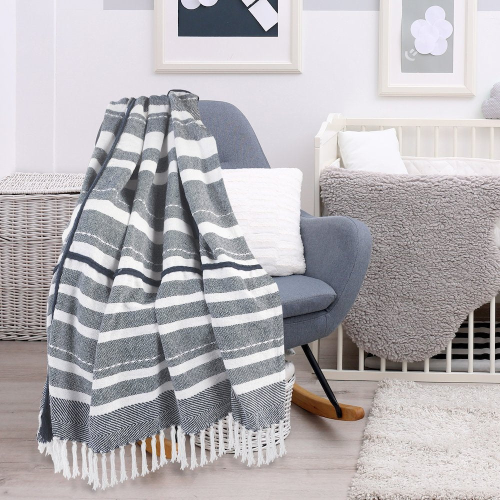 Navy/White Striped All-Natural Cotton Throw Blanket