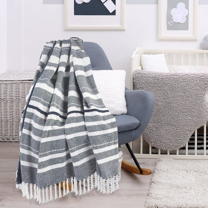 Navy/White Striped All-Natural Cotton Throw Blanket