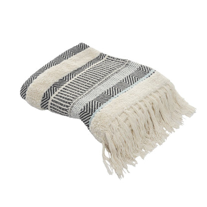 Cream/Blue Herringbone All-Natural Cotton Throw Blanket